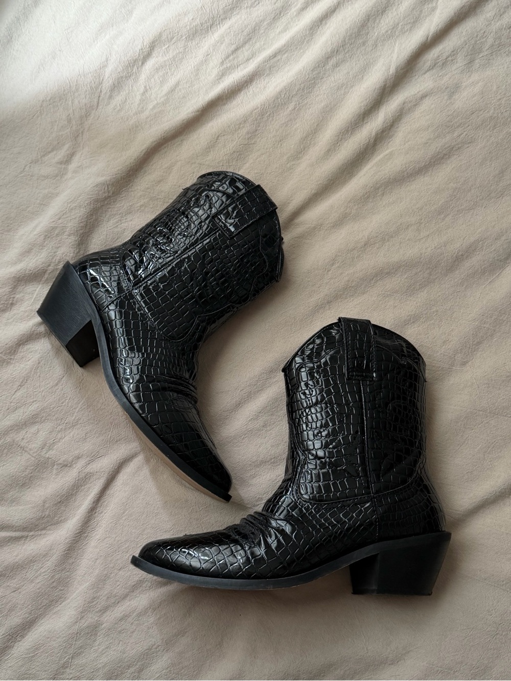 Black Croc-Embossed Western Ankle Boots